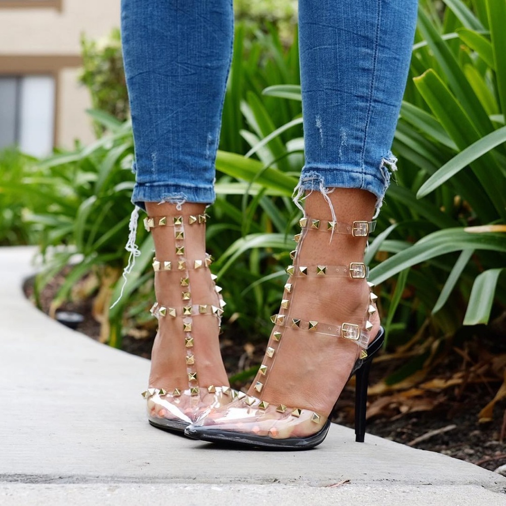 Last Size 8**👠NUDE Clear Straps Studs Heels - Picture 3 of 8